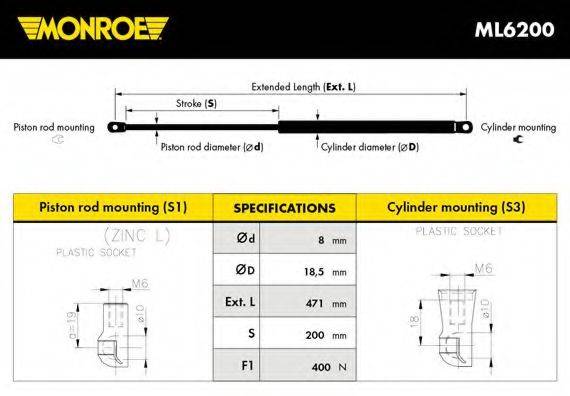 MONROE ML6200 Газова пружина, кришка багажника