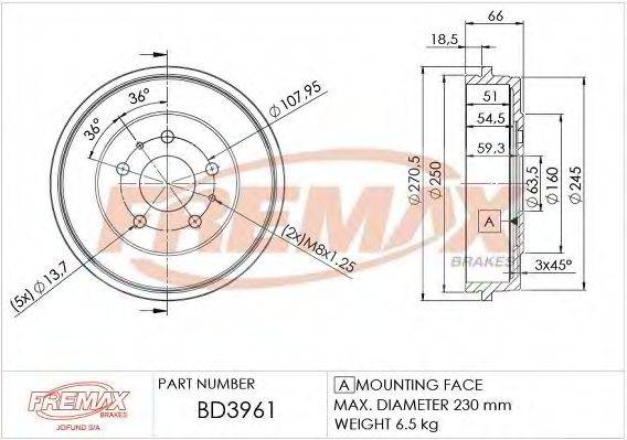 FREMAX BD3961 Гальмівний барабан